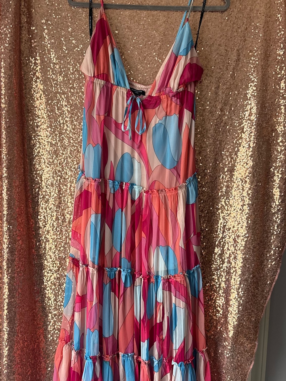 MARCIANO Vibrant Pink & Blue Tiered Maxi Dress